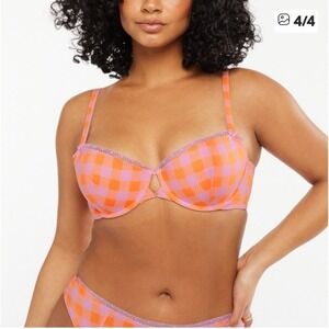 NWT Savage X Fenty 36DD Pink Orange Gingham Low Cut Balconette Bra Light Padding